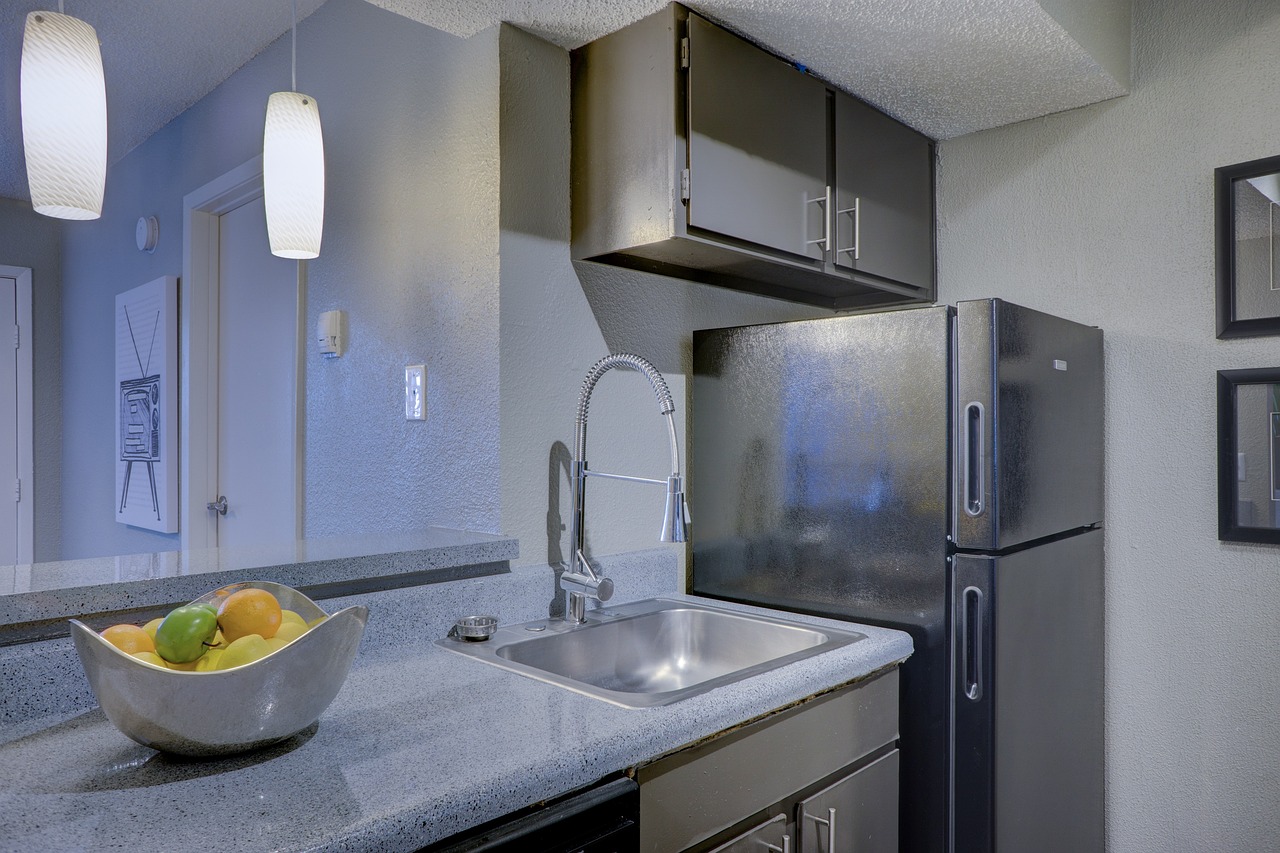 kitchen, apartment, home, interior, house, design, modern, sink, clean, counter, appliances, cabinets, stainless, steel, refrigerator, blue home, gray home, blue kitchen, gray kitchen, blue interior, gray interior, blue clean, gray clean, refrigerator, refrigerator, refrigerator, refrigerator, refrigerator